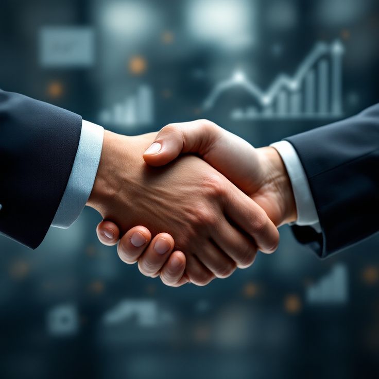 Business partnership handshake with growth chart representing vision and success